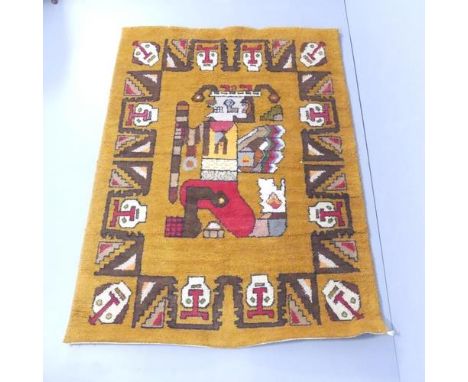 A late 20th century Mayan, Aztec, South American design handmade woollen rug. 198x144cm. 