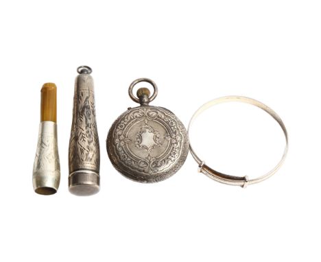 A group of silver items, including a baby's christening bangle, an engraved silver cased fob watch, an engraved silver and ho