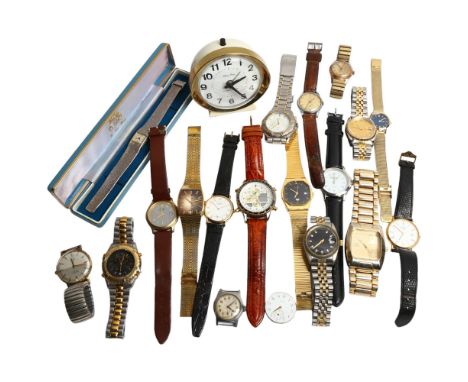 A box of various quartz and other wristwatches, including Citizen Eco-Drive, an Accurist chronograph, and a Westclox Baby Ben