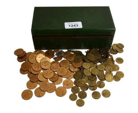 A silver and enamel page marker, badges, and a large quantity of gaming tokens 
