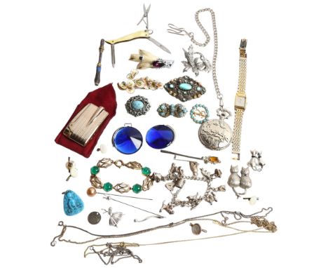 A group of various jewellery, including a leaf design brooch, Scottish claw design brooch, Ronson lighter, a gilt-metal and g