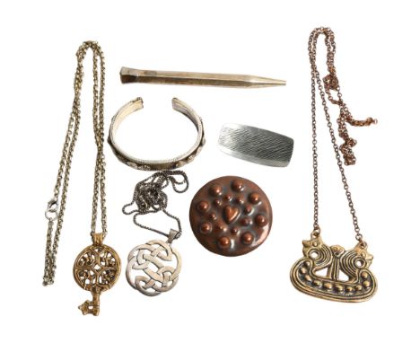 A Viking Revival silver necklace and pendant, a Viking ship design pendant and chain, bangle, a Jorgen Jensen brooch etc 