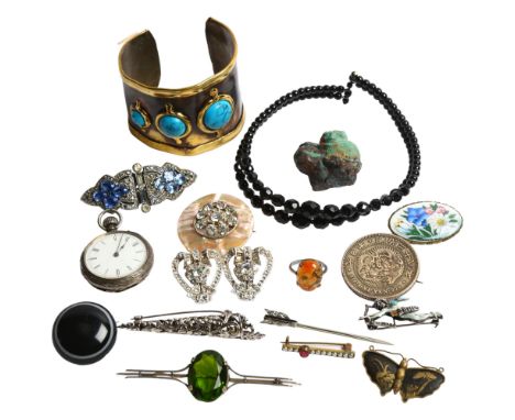 A brass and turquoise set torque bangle, a posy brooch, paste set brooches, Continental cased fob watch, a Damascene butterfl