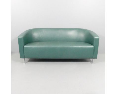 A contemporary faux-leather upholstered two-seater sofa with metal legs. Overall 164x71x73cm, seat 138x43x51cm.Good condition