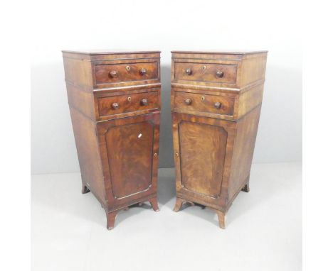 A pair of Regency mahogany cabinets, with ebonised moulding, two drawers and cupboard under. Each 45x114x60cm.Good condition.