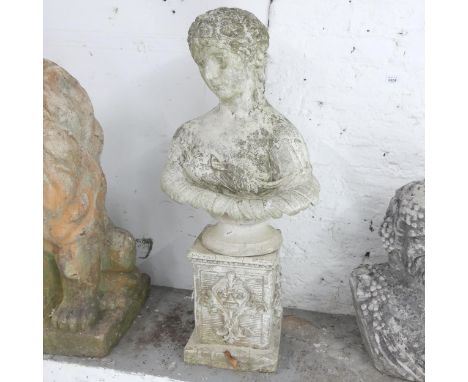 A weathered composite garden sculpture, study of a classical female bust on separate plinth base. Height overall 90cm. 