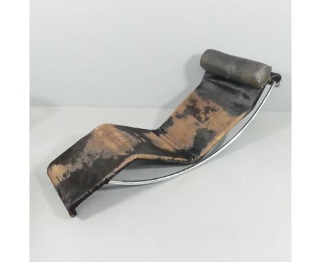 A Corbusier LC4 style chaise longue lounge chair with pony skin upholstery. Overall length 160cm.Lacking sled base. Small tea