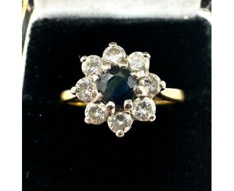 18ct gold diamond &amp; sapphire ring weight 3.4g  diamonds measure approx 3mm est .80 ct 