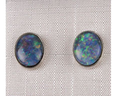 Opal Ohrringe - Silber Silber 925, ein Paar Ohrstecker mit ovalen Opal-Tripletten von ca. 11 x 9 mm in den gesuchten Farben r