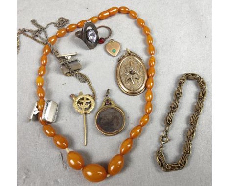 Posten antiker Modeschmuck teils Doublé, Silber u.a., dabei Biedermeier und Jugendstil Anhänger, Art Deko Ring mit Besatz i S