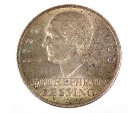 3 Reichsmark Lessing 1929 D Silber, Weimarer Republik, Deutsches Reich, 3 Reichsmark, Gotth. Ephraim Lessing mit Portrait und