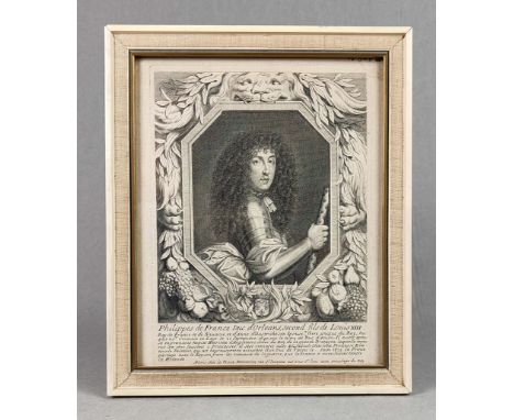 Kupferstich, Portrait im Rahmen Philippe von Frankreich, Herzog von Orléans (* 21. September 1640 in Saint-Germain-en-Laye; †