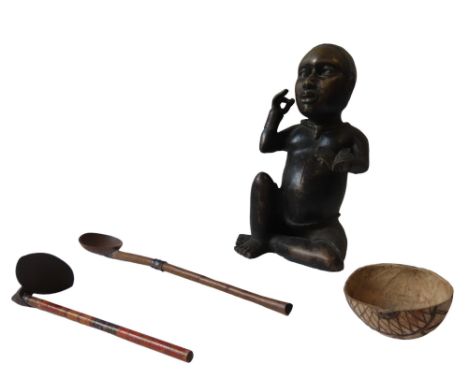 A WEST AFRICAN CAST BRASS FIGURE OF A SEATED SCRIBE, a Burmese adze with decorated blade and painted shaft, an African wooden