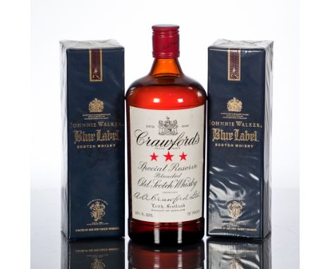 CRAWFORD'S THREE STAR SPECIAL RESERVE
Blended Scotch Whisky. 26 2/3 fl oz, 70° Proof.
JOHNNIE WALKER BLUE LABEL
Blended Scotc