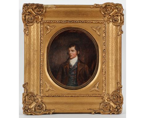 SCOTTISH SCHOOL (19TH CENTURY), PORTRAIT OF ROBERT BURNS oil on canvas laid on card 26cm x 21cm Framed Note:  Inscribed verso