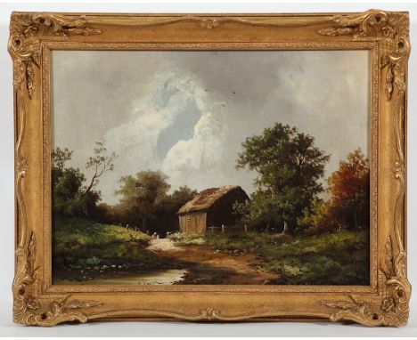 R. PERCY (BRITISH), HARVESTERS IN A CORNFIELD oil on canvas, signed 37cm x50cm Framed Note: Offered at Sotheby's April 24 198