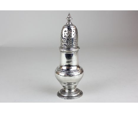 A George II silver spice caster, baluster shape with pierced lid and finial, maker Samuel Wood, London 1751, 14cm high