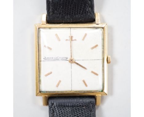 A gentleman's yellow metal (Swiss 750 mark) Jaeger LeCoultre manual wind dress wrist watch, on associated leather strap, no b