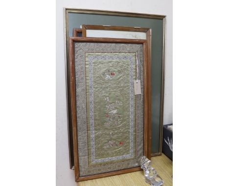 Four Chinese silk embroidered pictures including birds of paradise and a calligraphy scroll (each framed), largest 62cm x 36