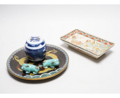 A Chinese cloisonné enamel ‘dragon’ dish, a Japanese Satsuma tray and other items