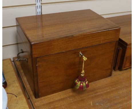 A Victorian mahogany work box, the interior with two drawers, housing a large collection of mostly buttons, a Japanese damasc