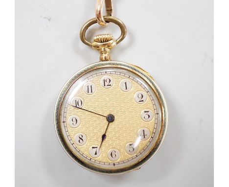 An 18ct gold, two colour enamel and diamond set open face fob watch, on a similar 9ct and enamel albertina, 56cm, gross weigh