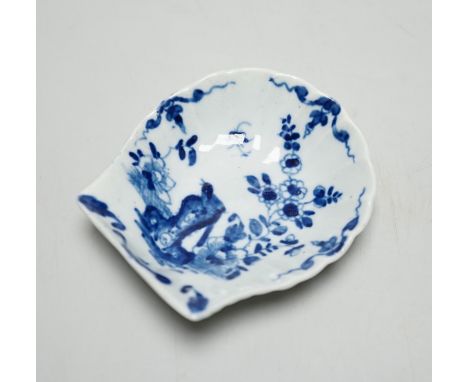 A Worcester Two Peony Rock Bird pattern shell shaped pickle dish, c.1770