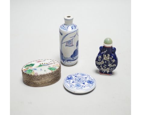 Two Chinese snuff bottles, a porcelain mounted white metal box, mother-of-pearl counters etc