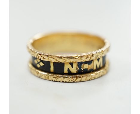 A Victorian 18ct gold and black enamel 'In Memoriam' band, inscribed ' Edwr John Lewis obt 5th April 1876, at 54', size N, gr