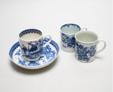 Two Worcester coffee cans, Mansfield and Three Flowers patterns, and a Worcester/Caughley coffee cup and saucer, Fisherman an