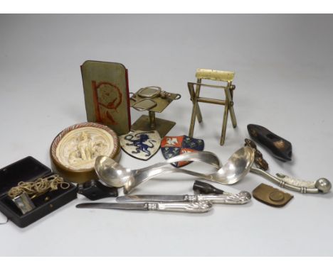 A collection of assorted collectables including a bosuns whistle, a J Baum &amp; Co travelling sun dial/compass, small silver