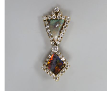 A modern 18k gold, two stone opal and white sapphire? cluster set drop pendant, 40mm, gross weight 5.7 grams.