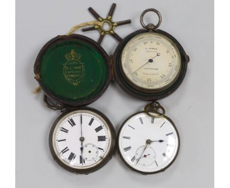 A silver cased pocket barometer, by E. Lennie of Edinburgh, diameter 50mm in original case and two open faced pocket watches,