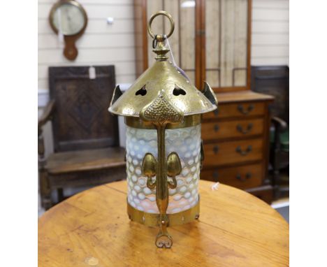 A brass Art Nouveau hall lamp with vaseline glass shade in Benson style, 48cm high