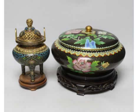 A Chinese  cloisonné enamel three footed vase and cover together with a censer and cover, each raised on hardwood stands, the