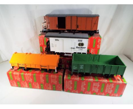 Lehmann - four LGB (Lehmann Gross Bahn) G scale, gauge 1, goods wagons, # 4011, 4021, 4032 and 4063, excellent, boxed [4] - T