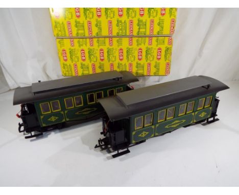 Lehmann - two LGB (Lehmann Gross Bahn) G scale, gauge 1, passenger coaches # 3060, excellent, in original boxes - Est £30 - £