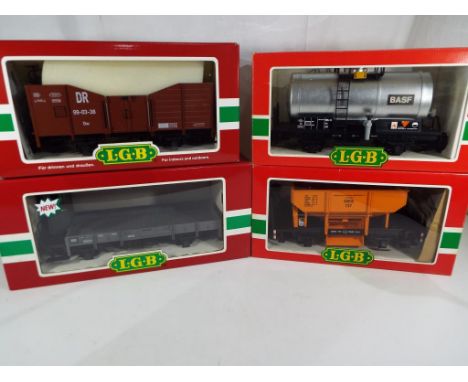 Lehmann - four LGB (Lehmann Gross Bahn) G scale, gauge 1, goods wagons # 40120, 4040C, 4041 and 40220, excellent in original 