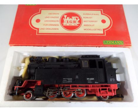 LGB (Lehmann Gross Bahn) - a G scale, gauge 1, 2-6-2T tank locomotive # 2080, op no 99 6001, black with red chassis, excellen