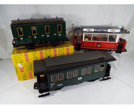 Lehmann - three LGB (Lehmann Gross Bahn) G scale, gauge 1 comprising two carriages and a streetcar 'Martini', excellent, two 