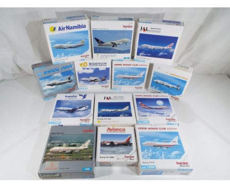 Herpa - Thirteen diecast model airplanes, by Herpa, in 1:500 scale to include Herpa Wings Club Edition, Japanese Airlines and