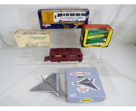 Diecast Models - Five diecast model motor vehicles to include an AVRO Vulcan Delta Wing Bomber by Dinky # 749, re-sprayed wit