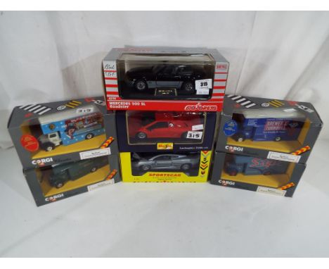 Diecast Models - Seven diecast model motor vehicles to include Majorette Mercedes 500 SL Roadster 4210, Sportscar collection 