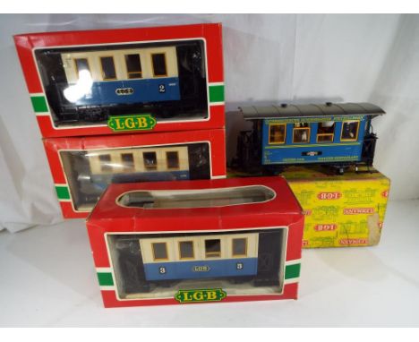 Lehmann - four LGB (Lehmann Gross Bahn) G scale, gauge 1, passenger carriages, # 2 x 3015, 1982 and 3012, vg to exc, some box