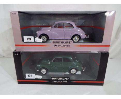 Minichamps - Two diecast 1:18 scale Minichamps models comprising Morris Minor and Morris Minor Million. Both appear mint in o