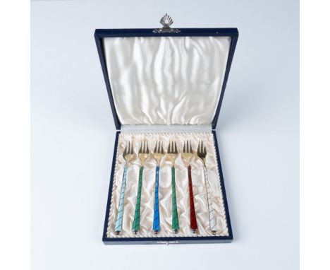Elegant 6-piece set of sterling silver cocktail forks with colorful enamel handles, marked "Sterling 925" and "Norway." Each 
