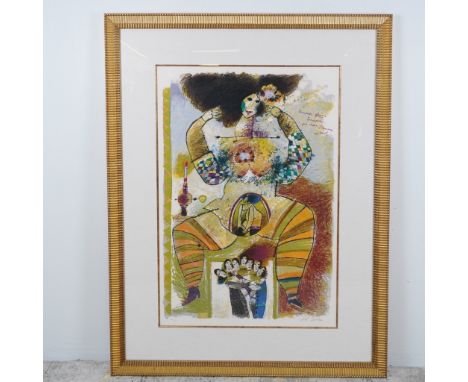 A striking color lithograph on paper by Theo Tobiasse, titled Immense Femme Inconnue Pour Choeur d'Hommes en Exil (Immense Un