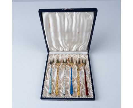 Elegant 6-piece set of sterling silver cocktail forks with colorful enamel handles, marked "Sterling 925" and "Norway." Each 