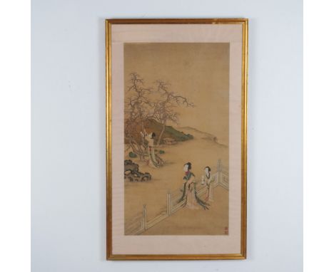 A finely executed painting on silk from the Qing Dynasty, depicting three figures in an intimate moment of exchange. The left