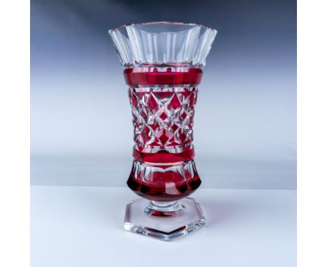 A stunning Val St. Lambert ruby cut-to-clear crystal vase, showcasing the exquisite craftsmanship for which the Belgian cryst